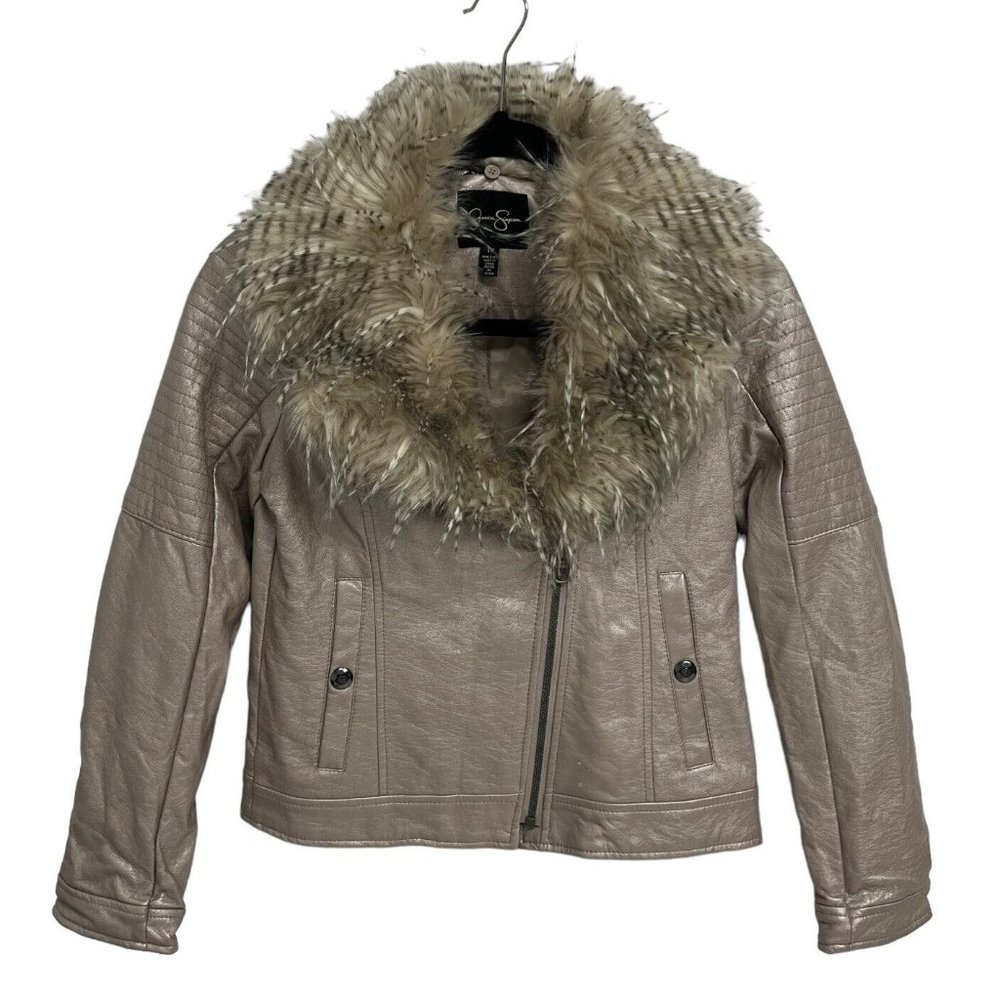 Jessica Simpson Girl's Faux Fur Trim Zip Up Pink Faux Leather Jacket Size 14